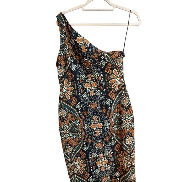 Anthropologie One Shoulder Jacquard Midi Dress Sz MP NEW Black Golden Yellow - Picture 10 of 11